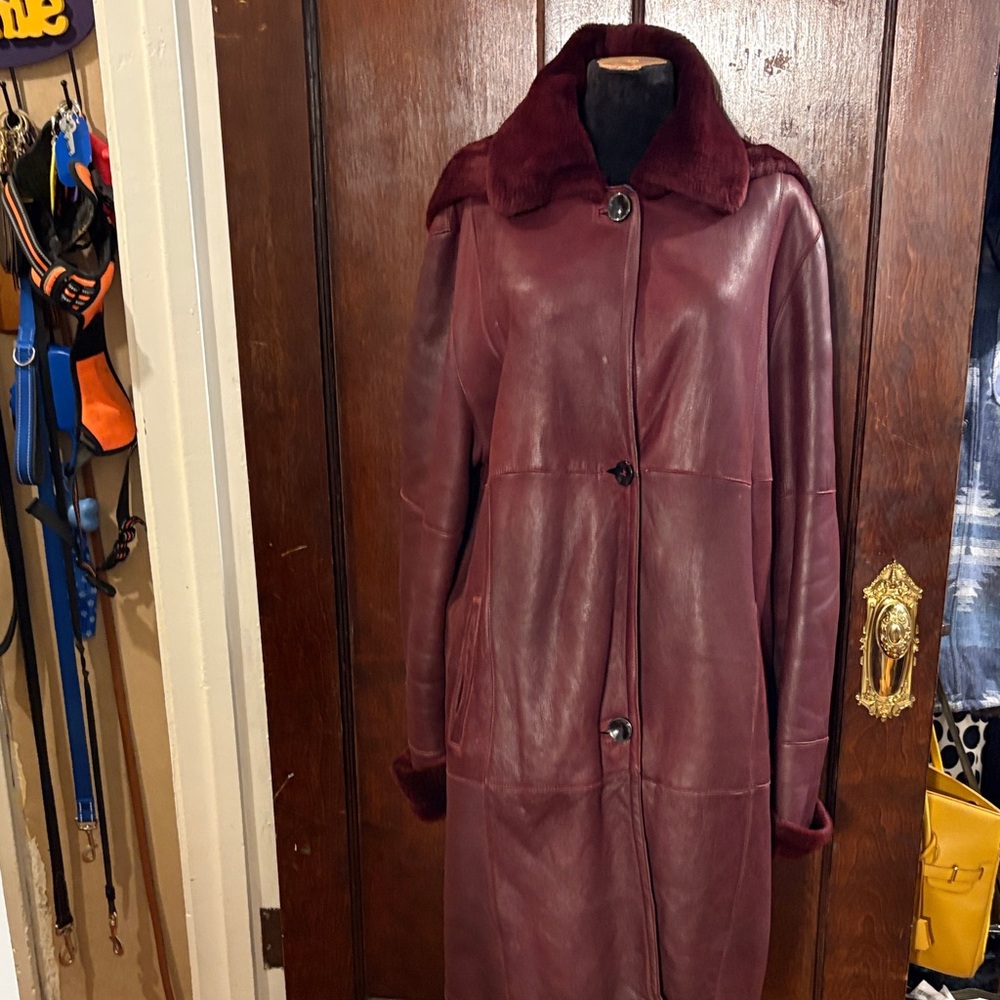 Women's Burgundy Leather Coat with Plush Collar